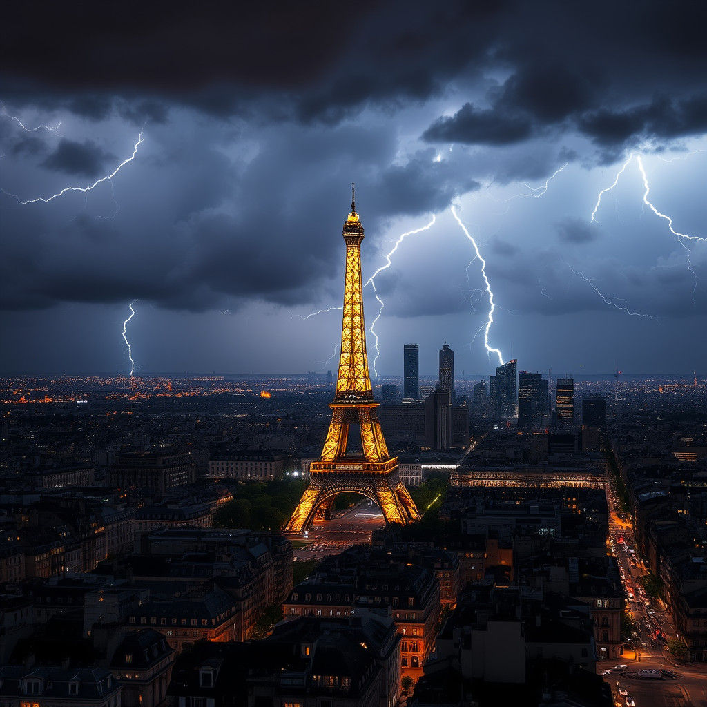 Paris Skyline Lit by Lightning Storm