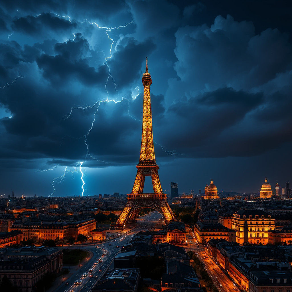 Paris Skyline in Electric Blue Lightning Storm