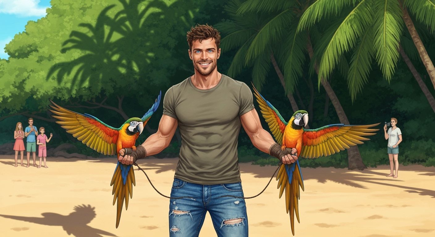 Man with Macaws on a Tropical Beach