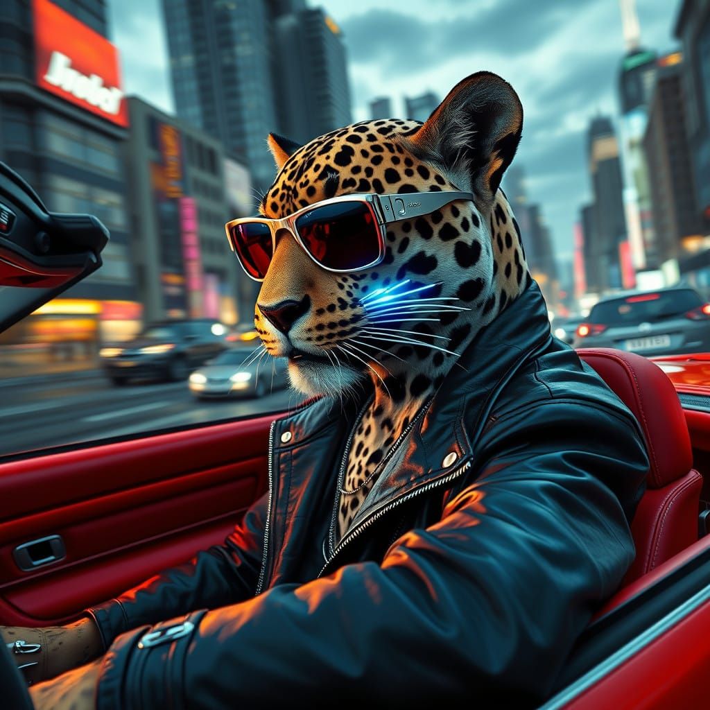 Cyberpunk Leopard Speeds Through Futuristic City