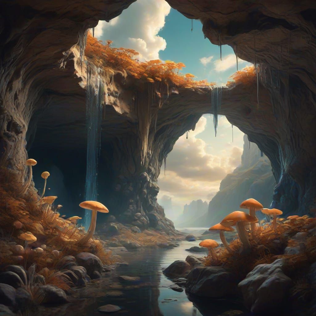 Bioluminescent Cave with Waterfall in Dreamlike Digital Pain...