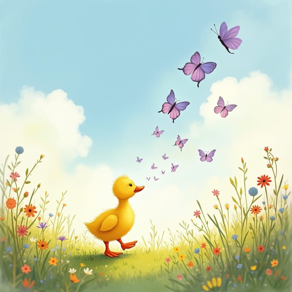Whimsical Duckling Explores Vibrant Meadow
