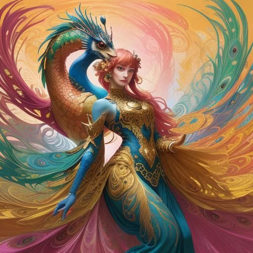 Dragon Peacock Woman in Abstract Expressionism Style