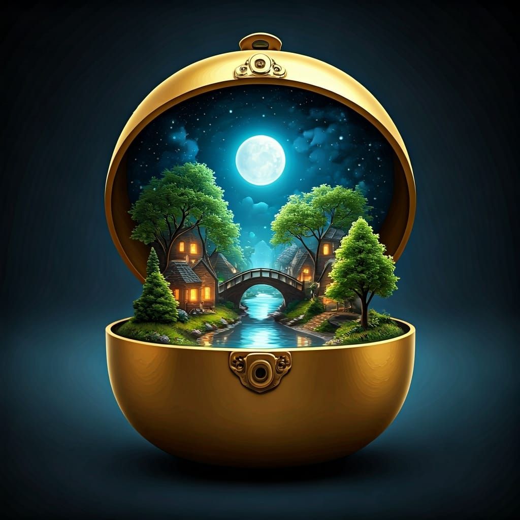 Miniature World in Golden Box: 3D Digital Art