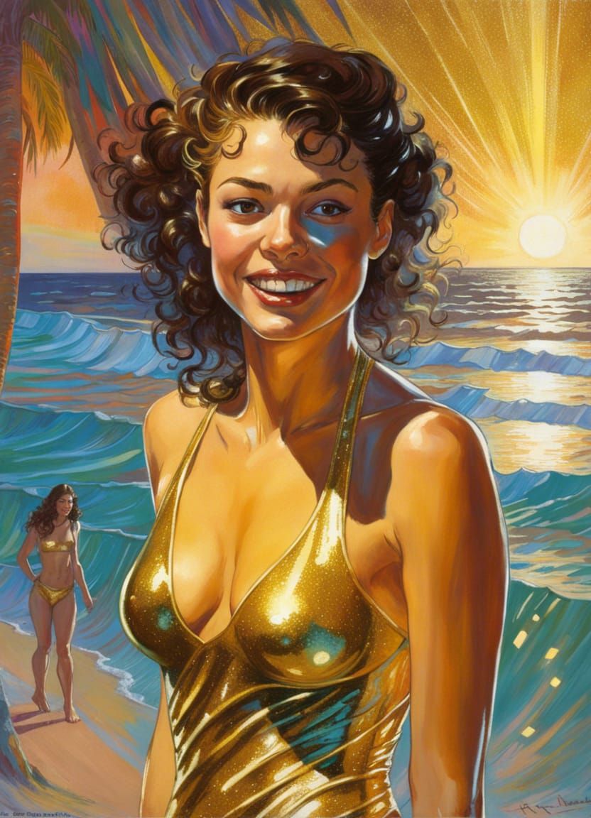 Tatiana Maslany in glittery gold on Miami Beach