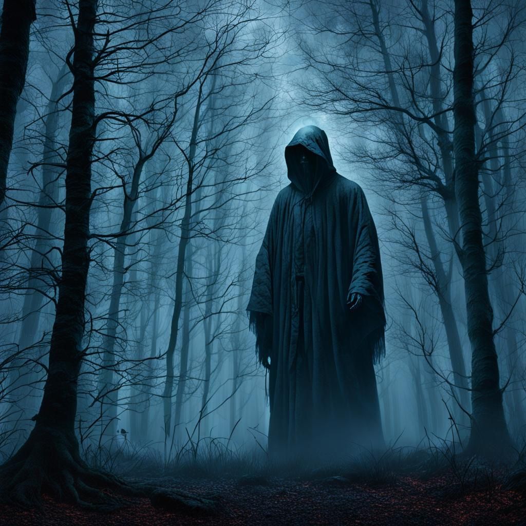 Ethereal Ghostly Figure in Dark Eerie Woods