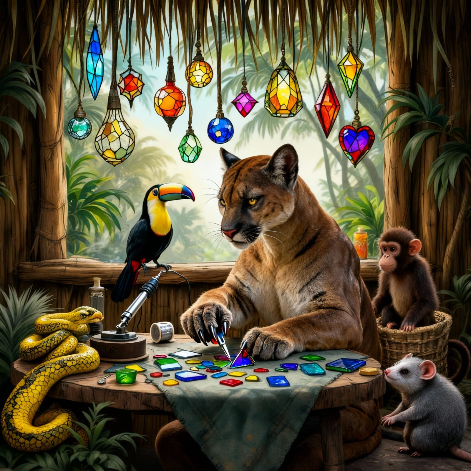 Jungle Puma Crafts Stained Glass in Grass Hut