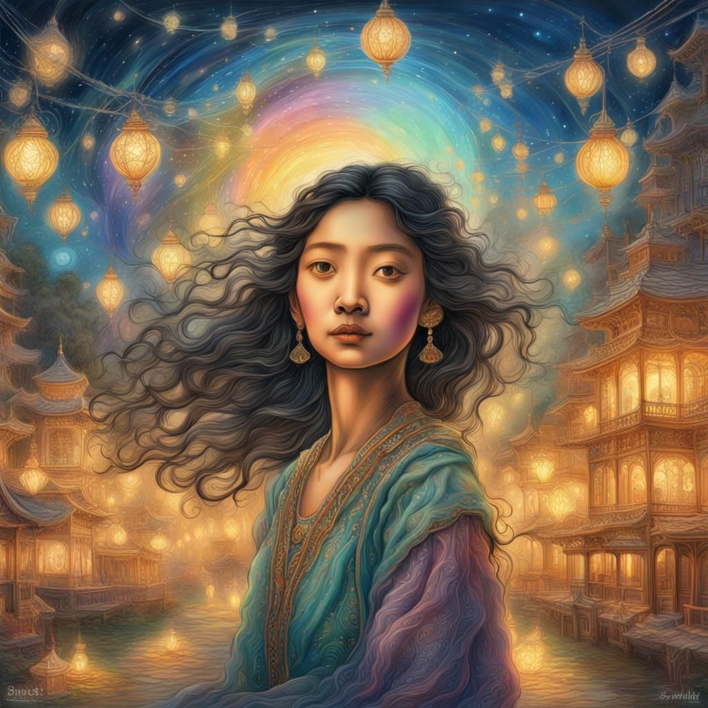 Asian Woman Portrait with Twinkling Lights, Surreal Sketch