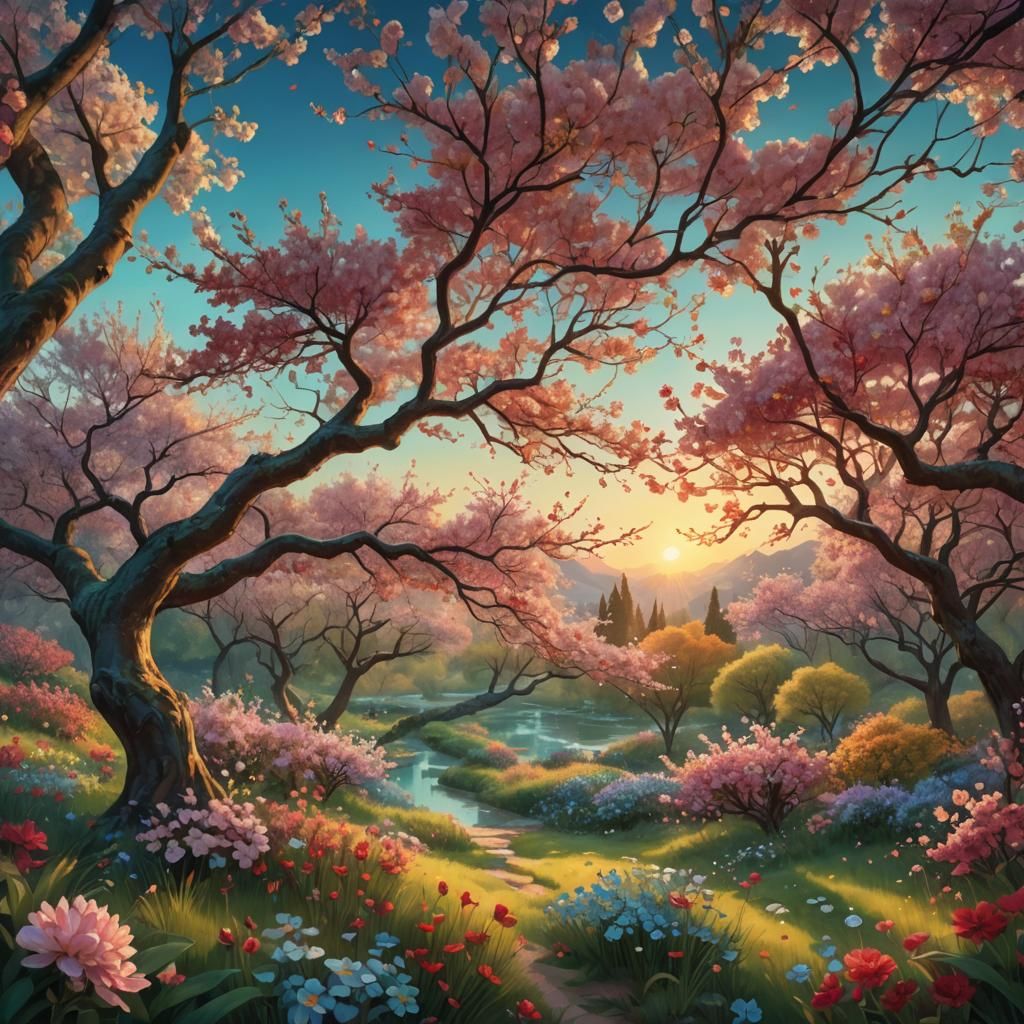 Lush Fantasy Landscape in Golden Hour Light