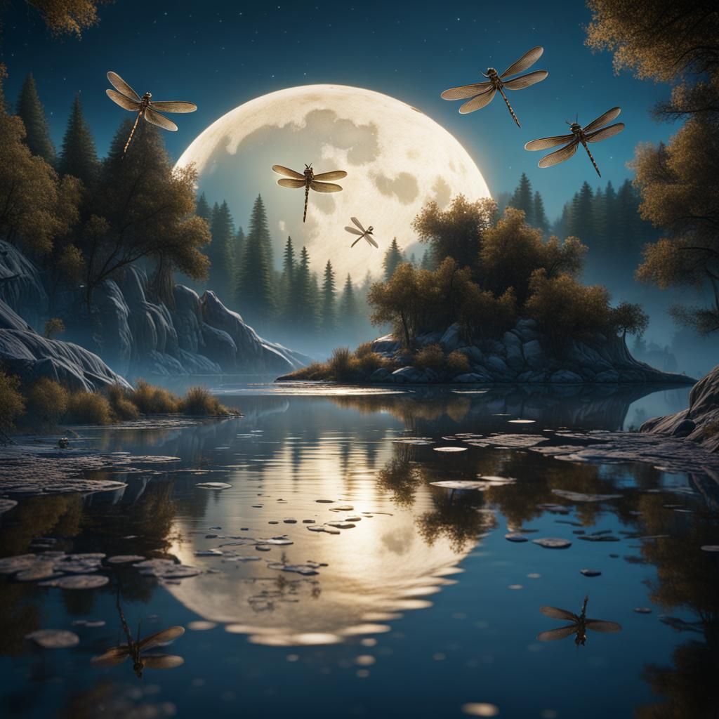 Dragonflies Dance Under Moonlight: Fantasy Concept Art