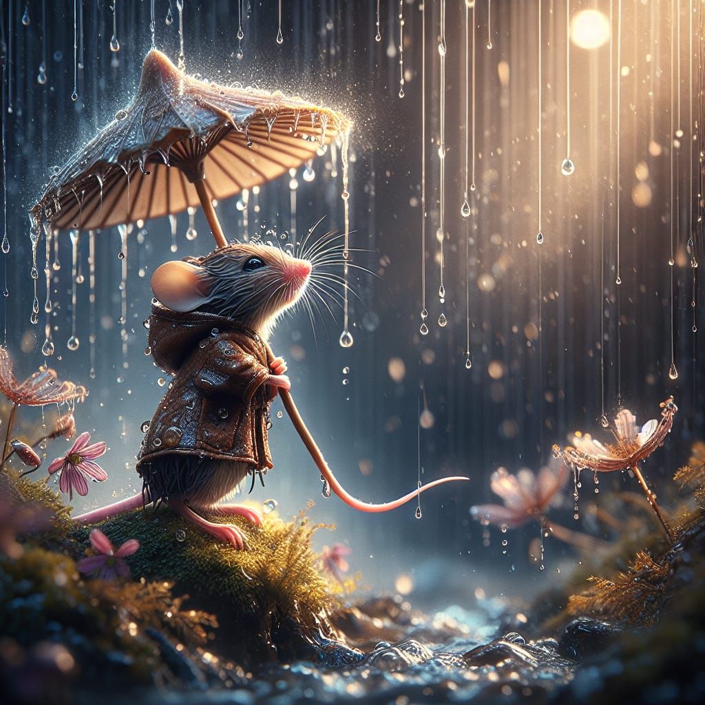 Whimsical Mouse Dances Under Raindrops in Hyperrealist Art