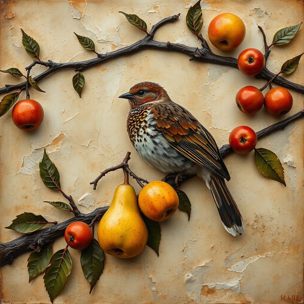 Partridge on Pear Tree Branch in Encaustic Mixed Media