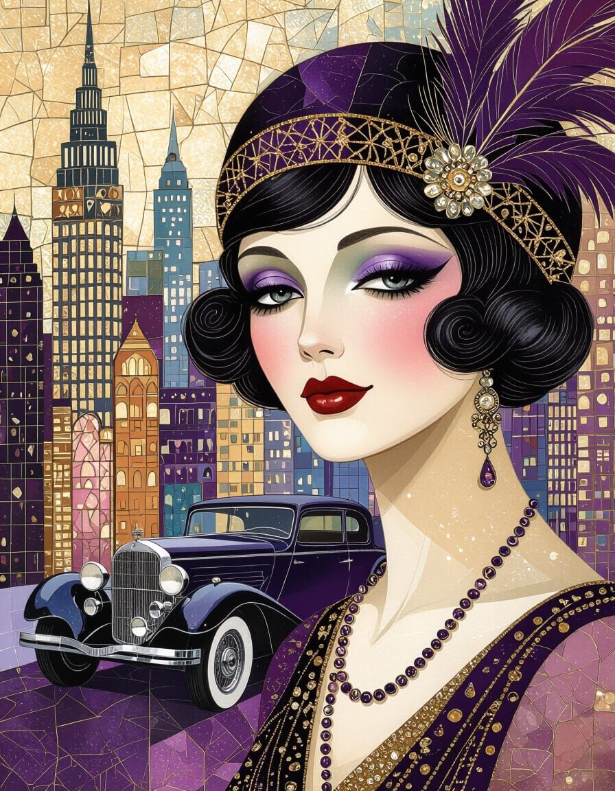 Art Deco Flapper Woman in Whimsical Cityscape Collage