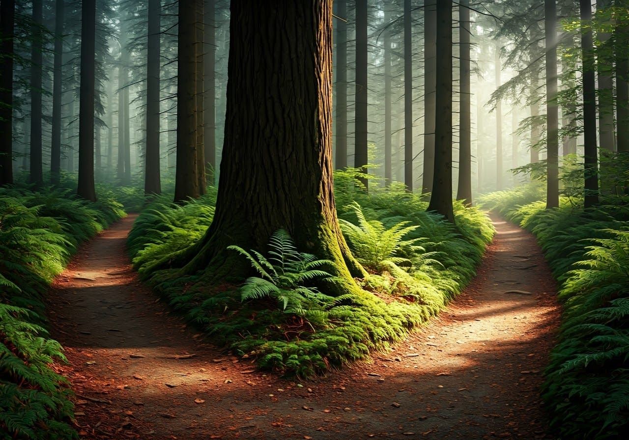 Diverging Paths in a Misty Forest Landscape