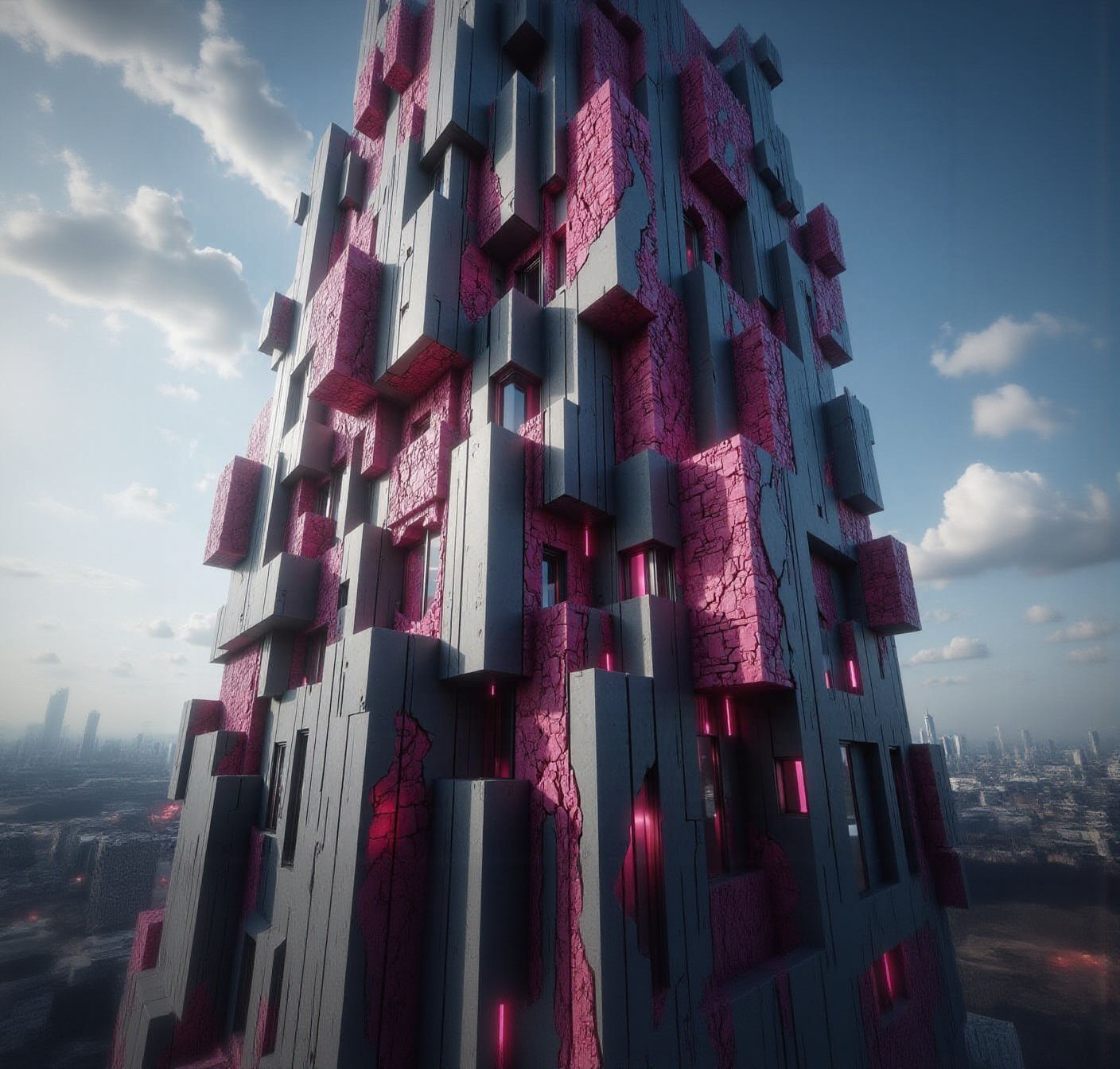 Dystopian Skyscraper with Bold Textures and Shadows