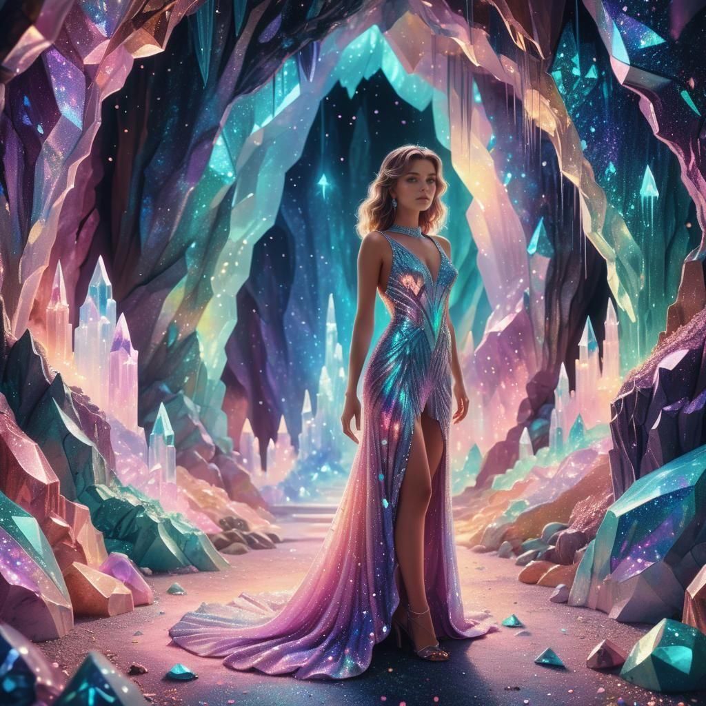 Glittering Woman in Crystal Cave: 80's Pastel Art