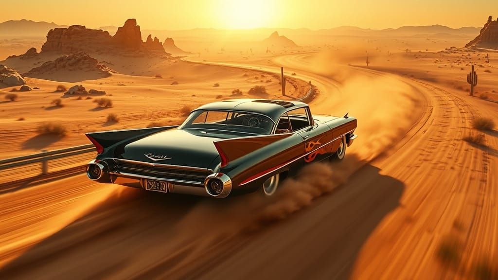 Retro Futuristic Desert Highway with Speeding 1959 Cadillac