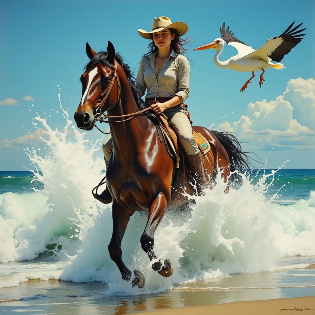 Girl Rides Horse Through Wave in Biomechanical Realism