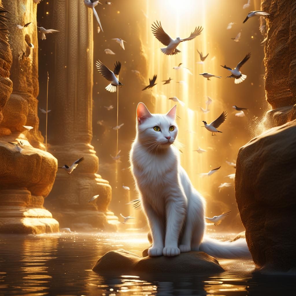 Egyptian Cat in Golden Waterfall Fantasy Art