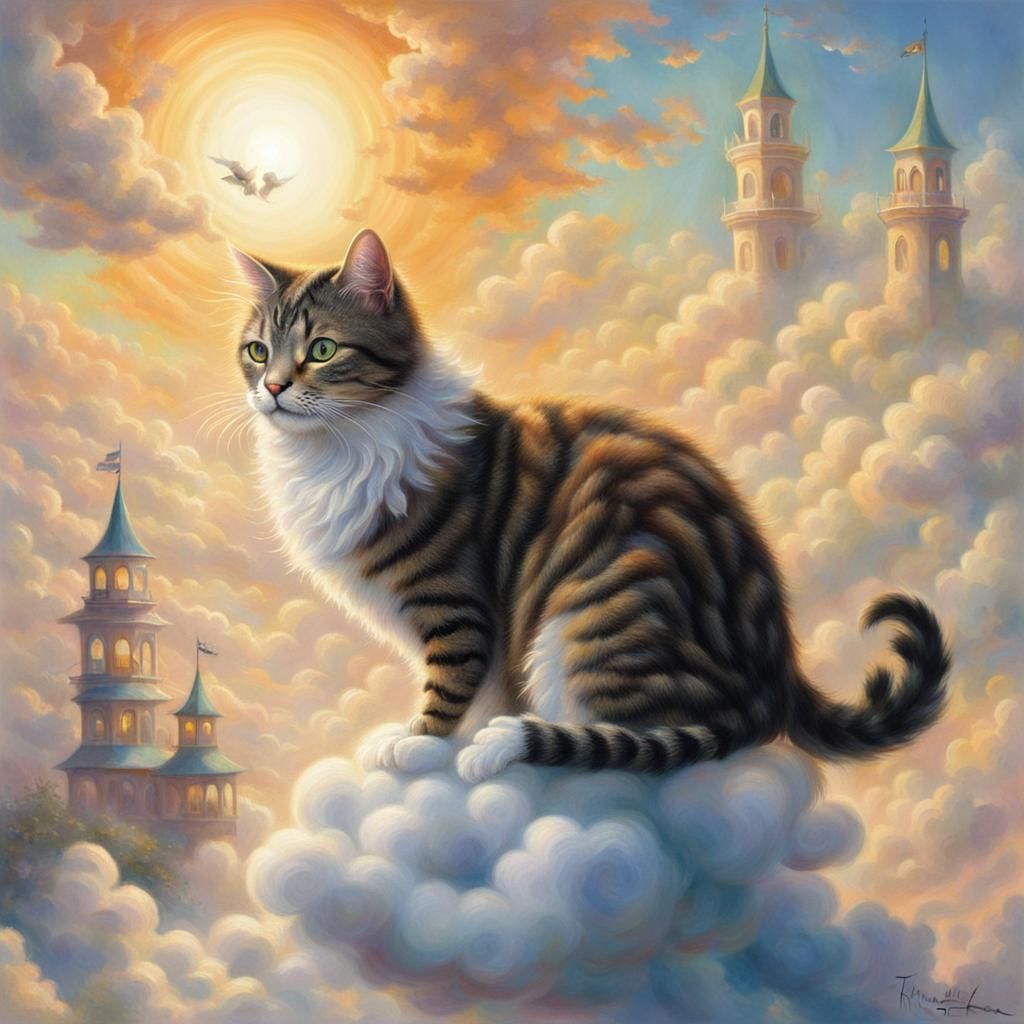 Ethereal Fantasy Cat Sitting on Clouds
