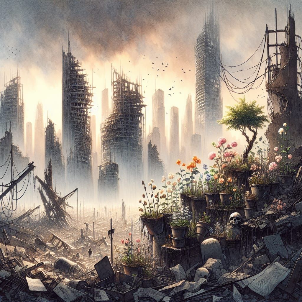 Post-Apocalyptic Garden: Hope in Ruins, Watercolor Art