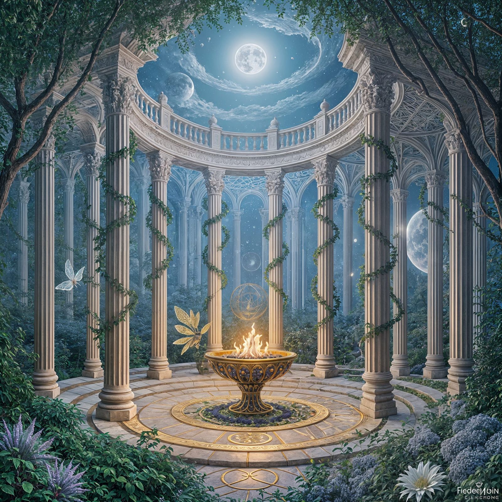 Crystal Building with Fairies and Moonlit Flame