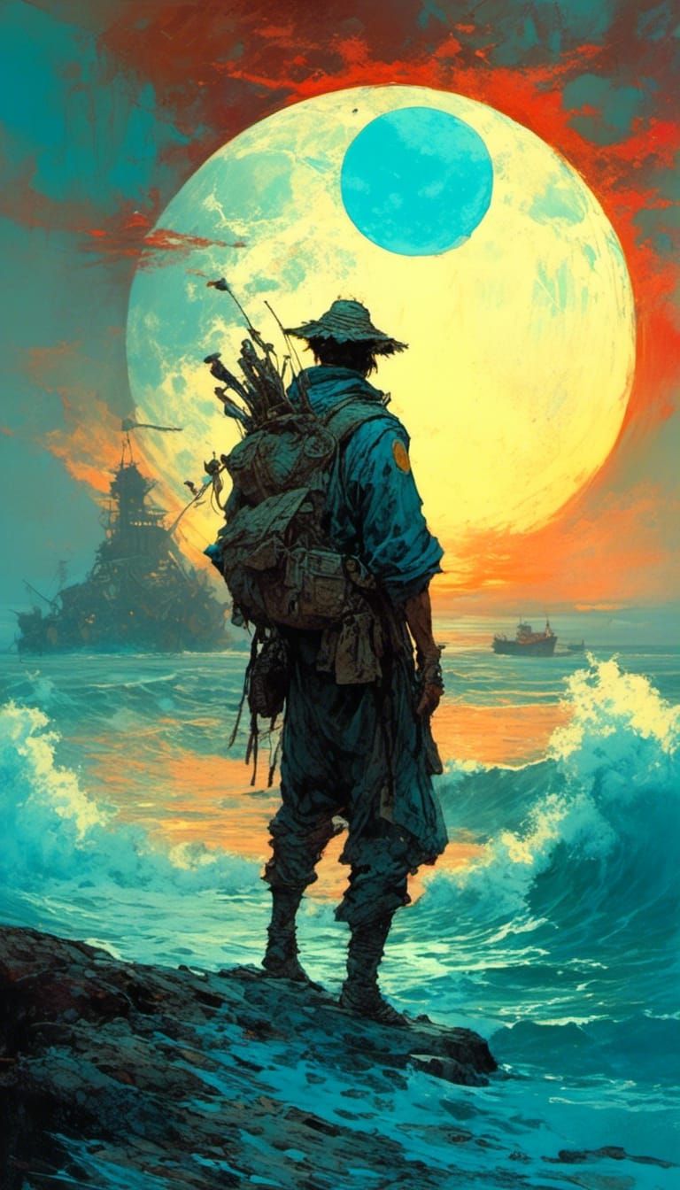 Wanderer and Beholder Under Moonlit Waves