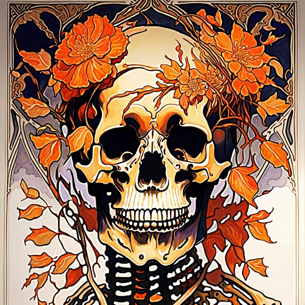 Ornate Skeleton in Art Nouveau Style with Autumn Flowers