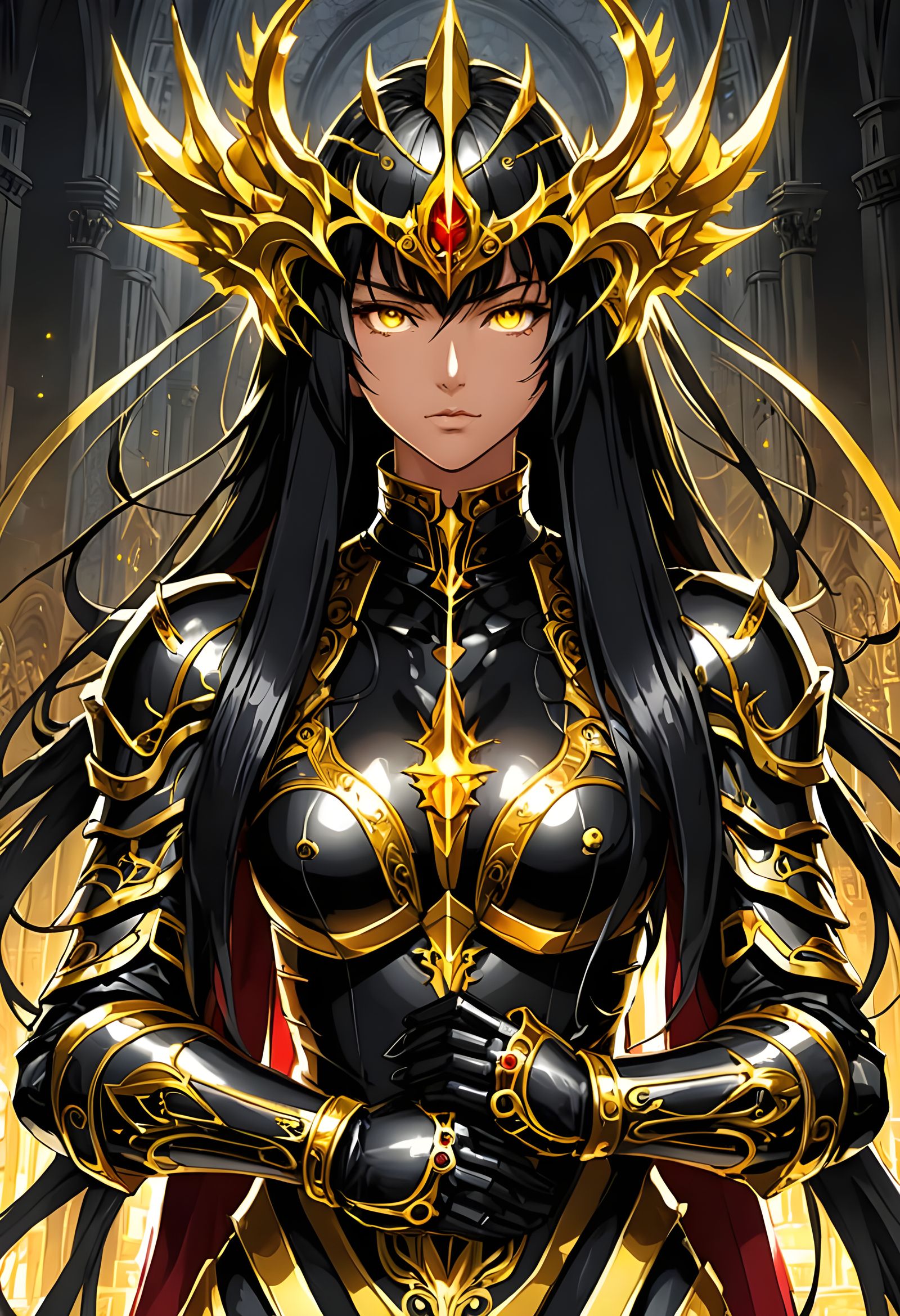 Anime Warrior in Dark Cathedral with Glowing Eyes