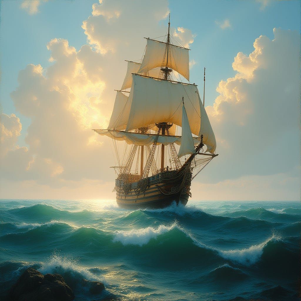Galleon Ship in Golden Seascape with Turquoise Ocean
