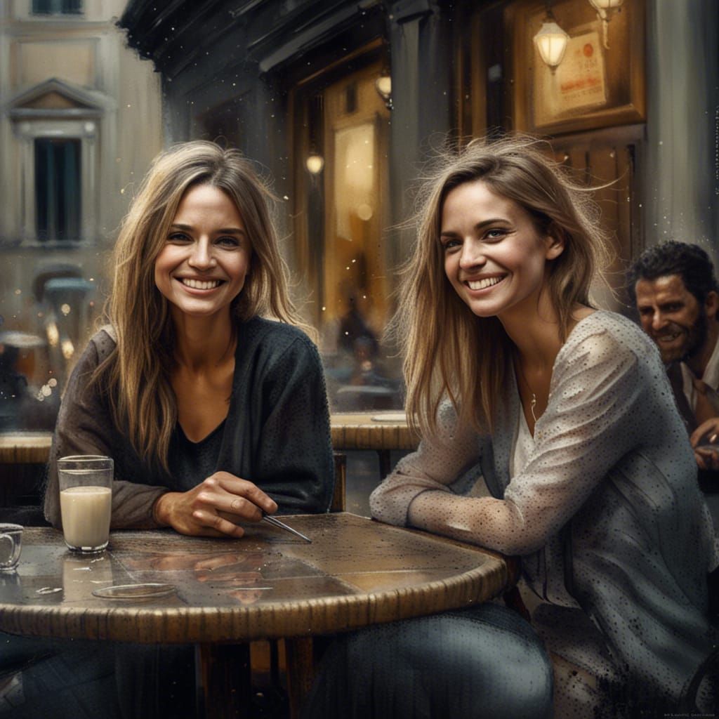 Smiling Friends at Rome Cafe: Detailed Portrait