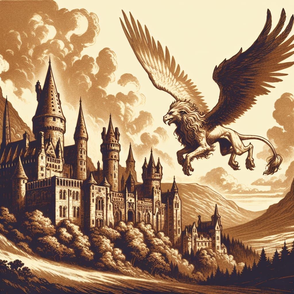 Gryphon Soaring Over Mystical Scottish Castle Illustration
