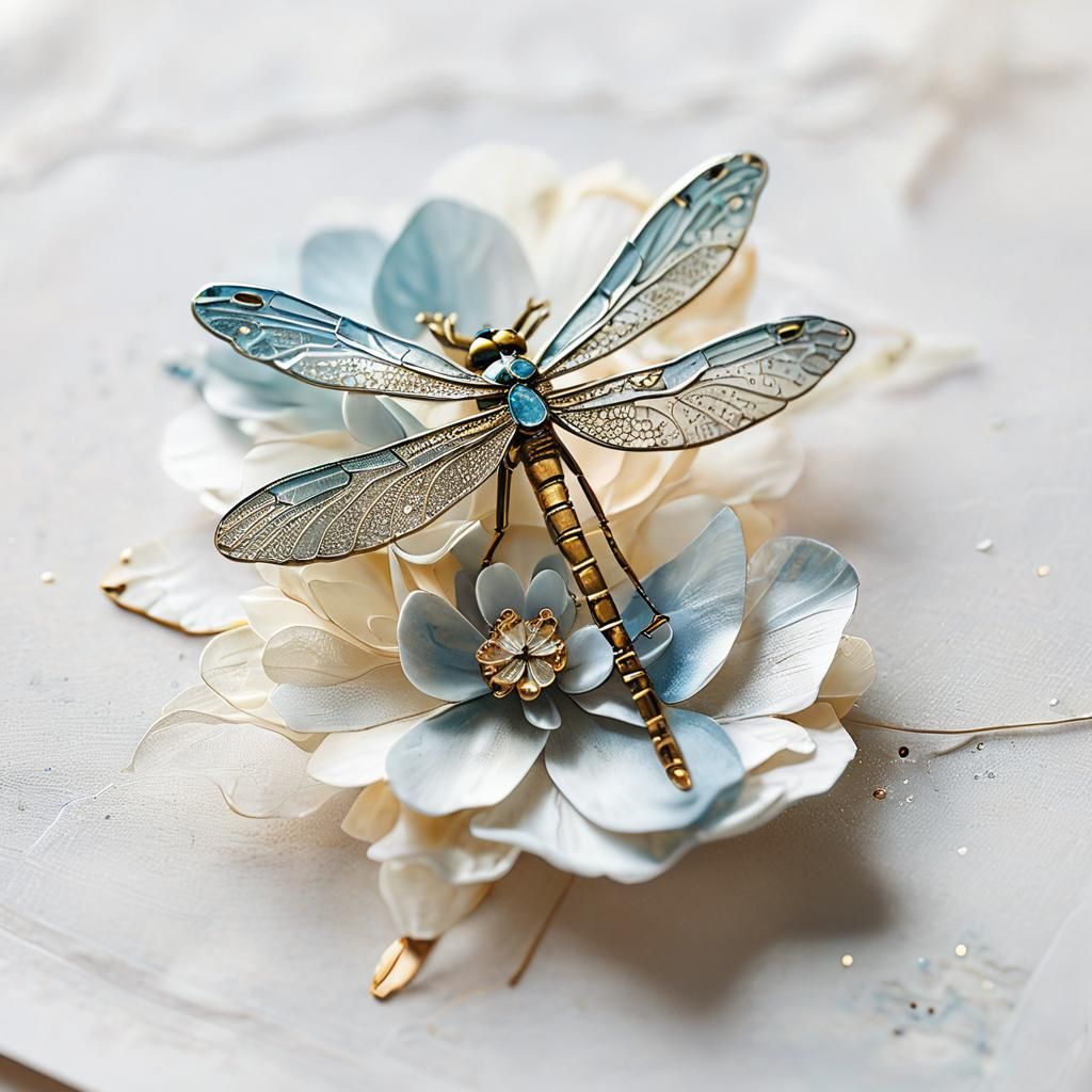 Dragonfly Brooch on Flower in Watercolor Style