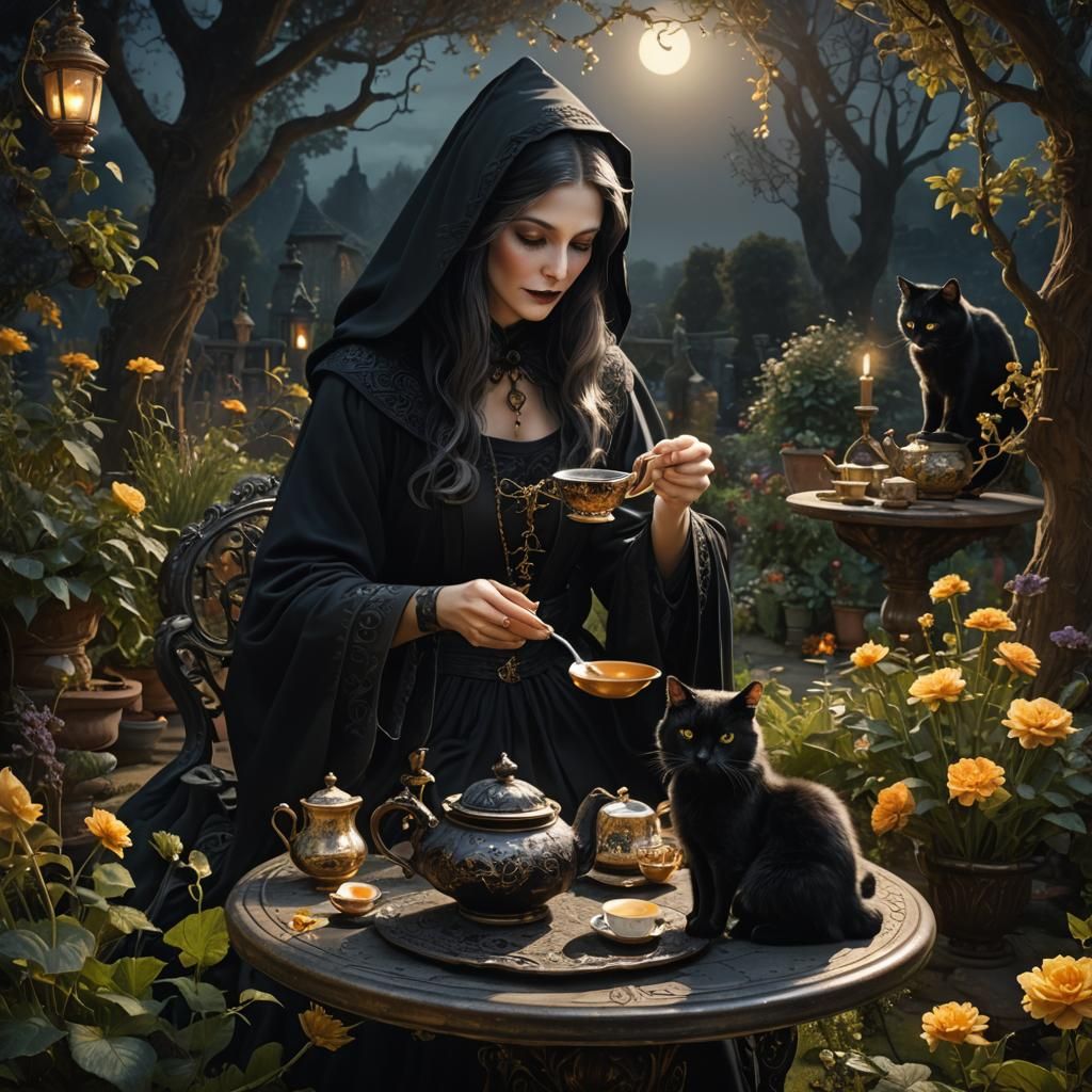 Ethereal Witch's Tea Party in Moonlit Garden