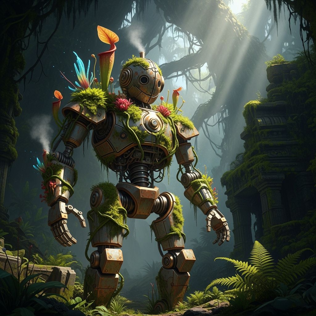 Weathered Automaton in Overgrown Alien Jungle