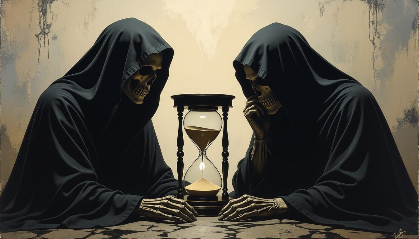 Death and Hourglass in Somber Mystical Atmosphere