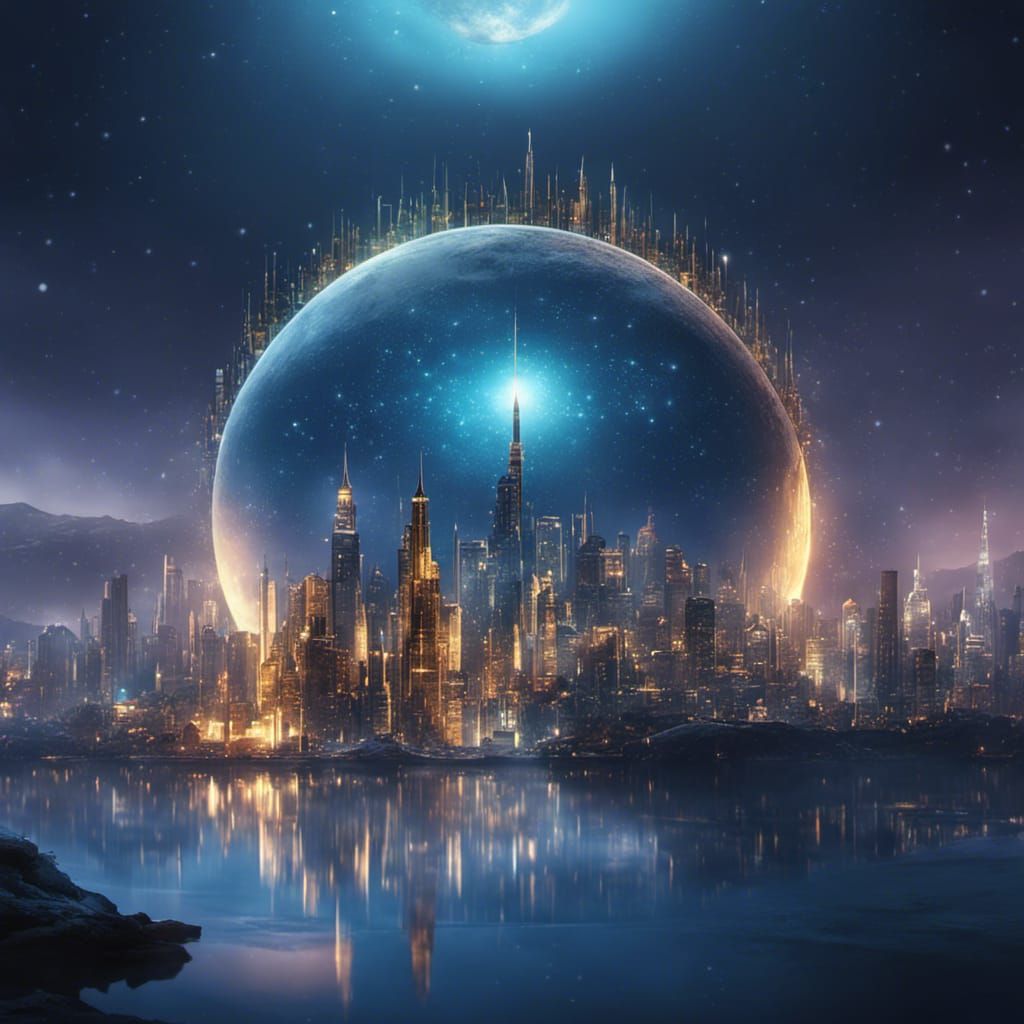 Golden Winter Cityscape Reflected in Moonlit Water