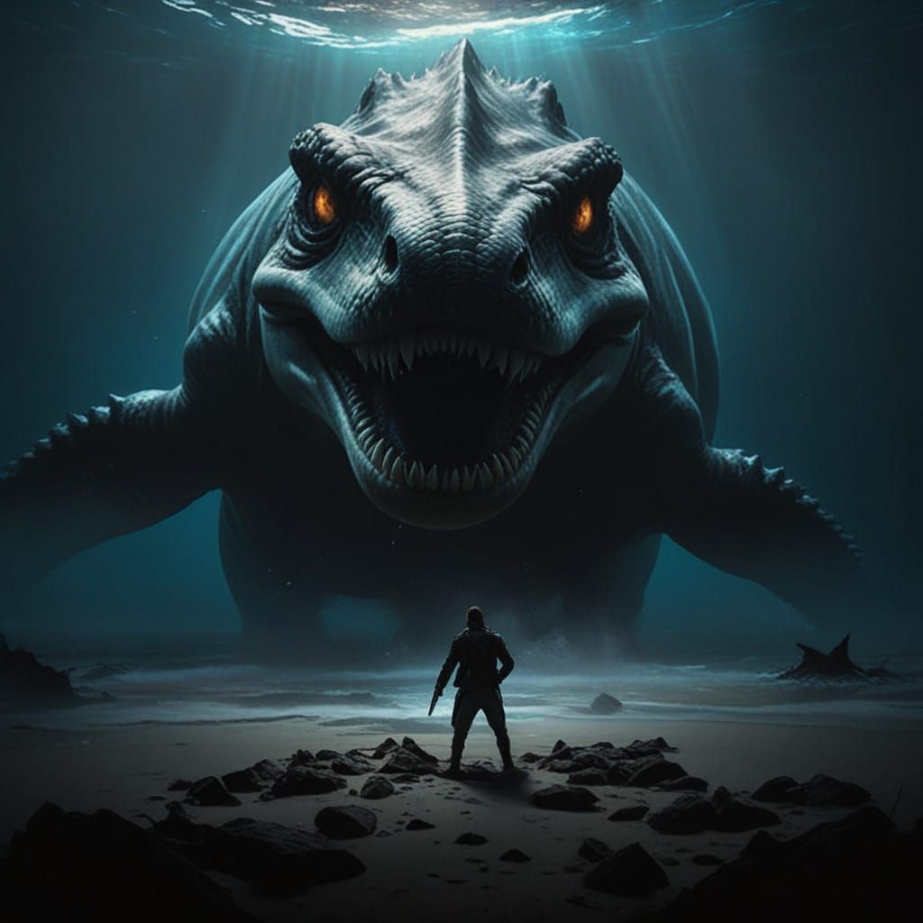 Fearless Dreamer Confronts Nightmare Mosasaur in Surreal Lan...