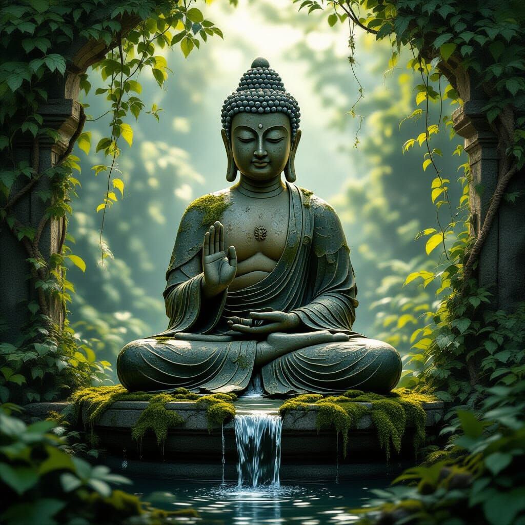 Ethereal Stone Buddha with Flowing Water