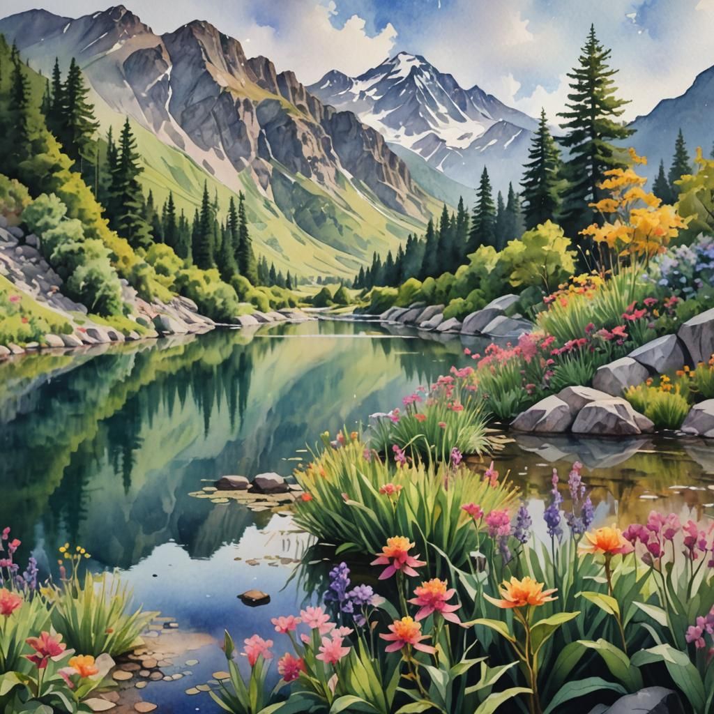 Watercolor Mountain Reflection in Lake