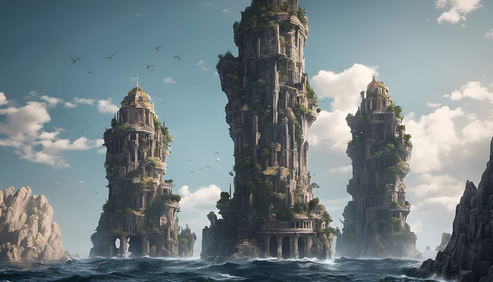 Fantasy Cities Atop Granite Pillars in Turbulent Ocean