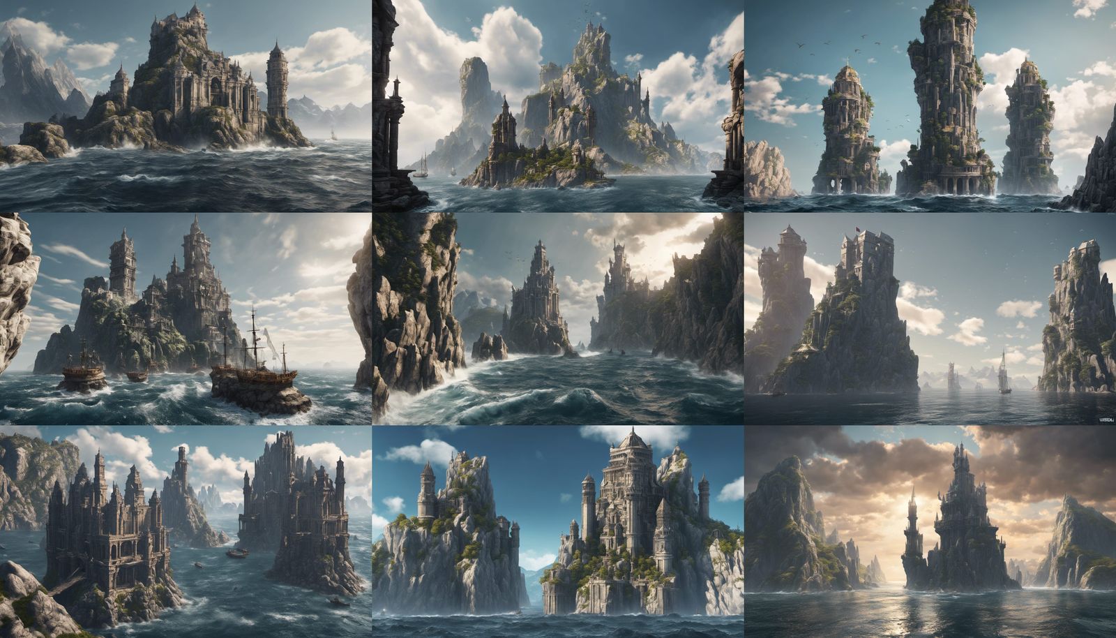 Fantasy Cities Atop Granite Pillars in Turbulent Ocean