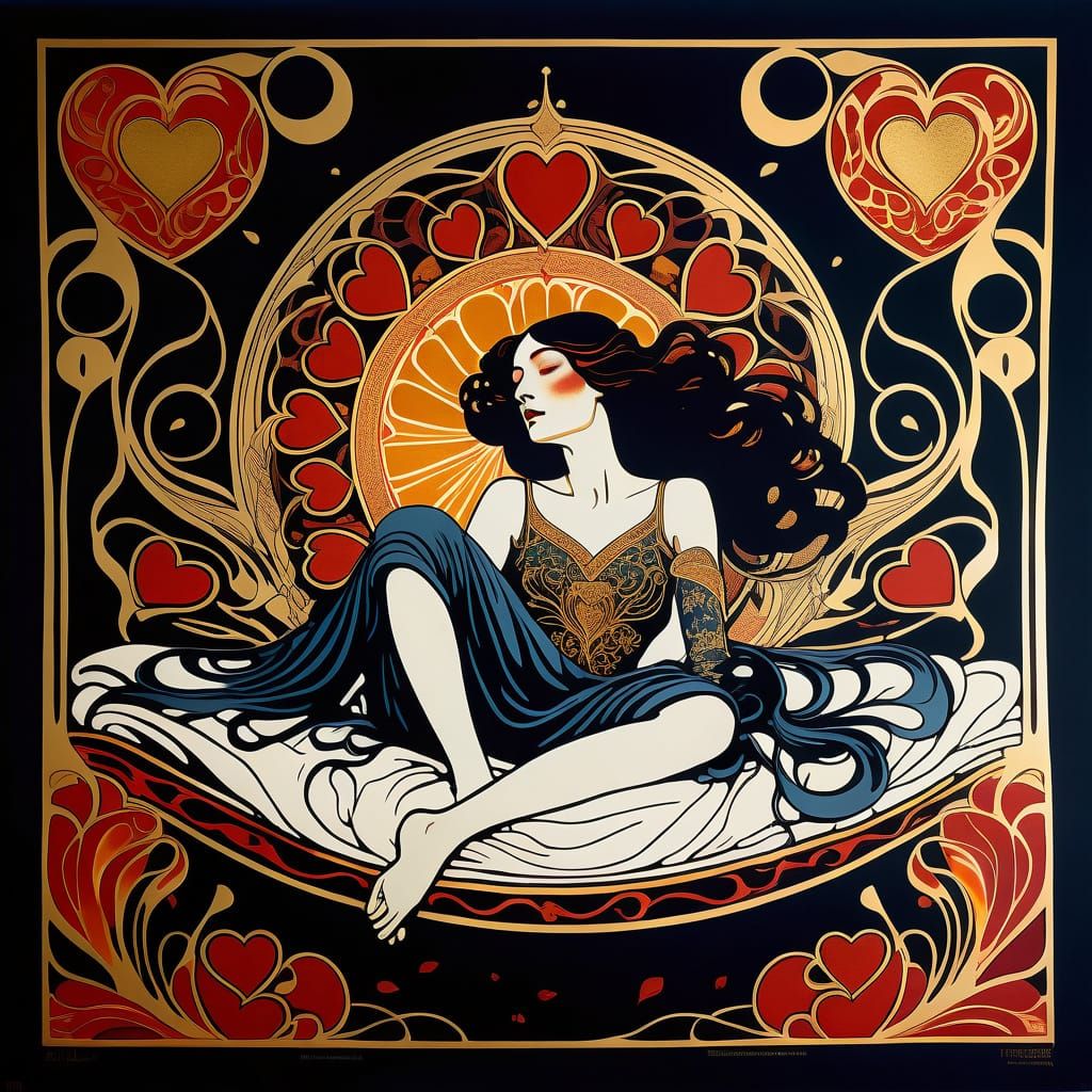 Dramatic Art Nouveau Woman in Love, Surrounded by Heartfelt ...