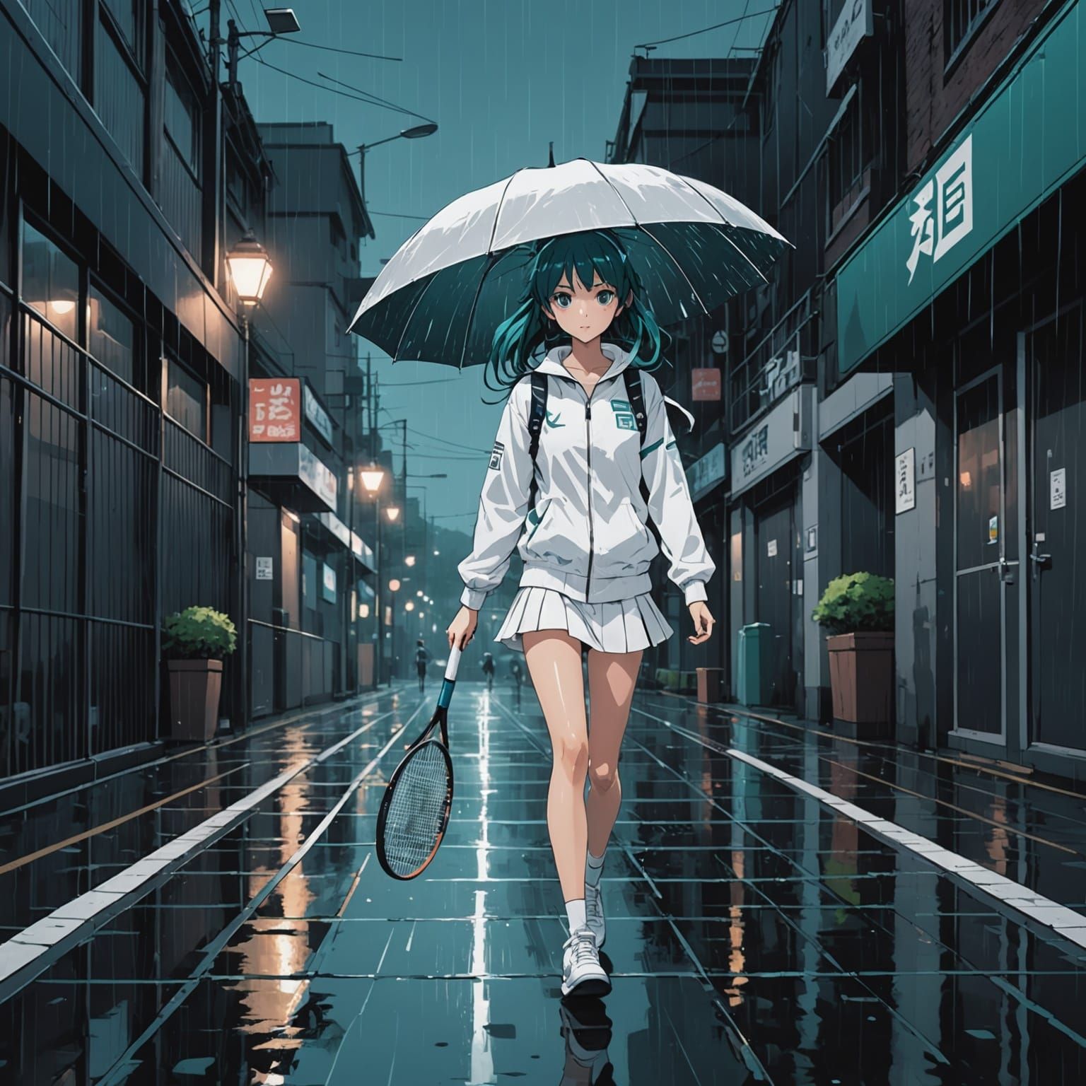 Anime Girl in Rainy Street, Noir Illustration