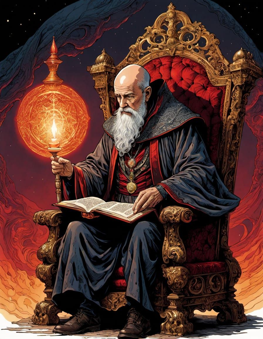 Sorcerer Reading Tome in Vaporwave Pen and Ink Style