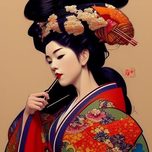 Geisha Portrait Eating Sushi in Art Nouveau Style