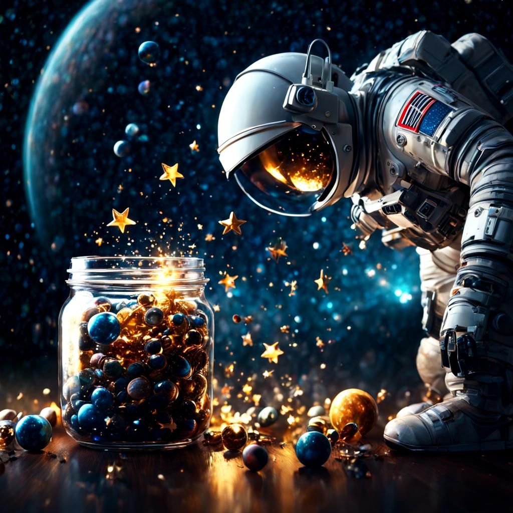 Astronaut Collecting Stars in Jar, Digital Render