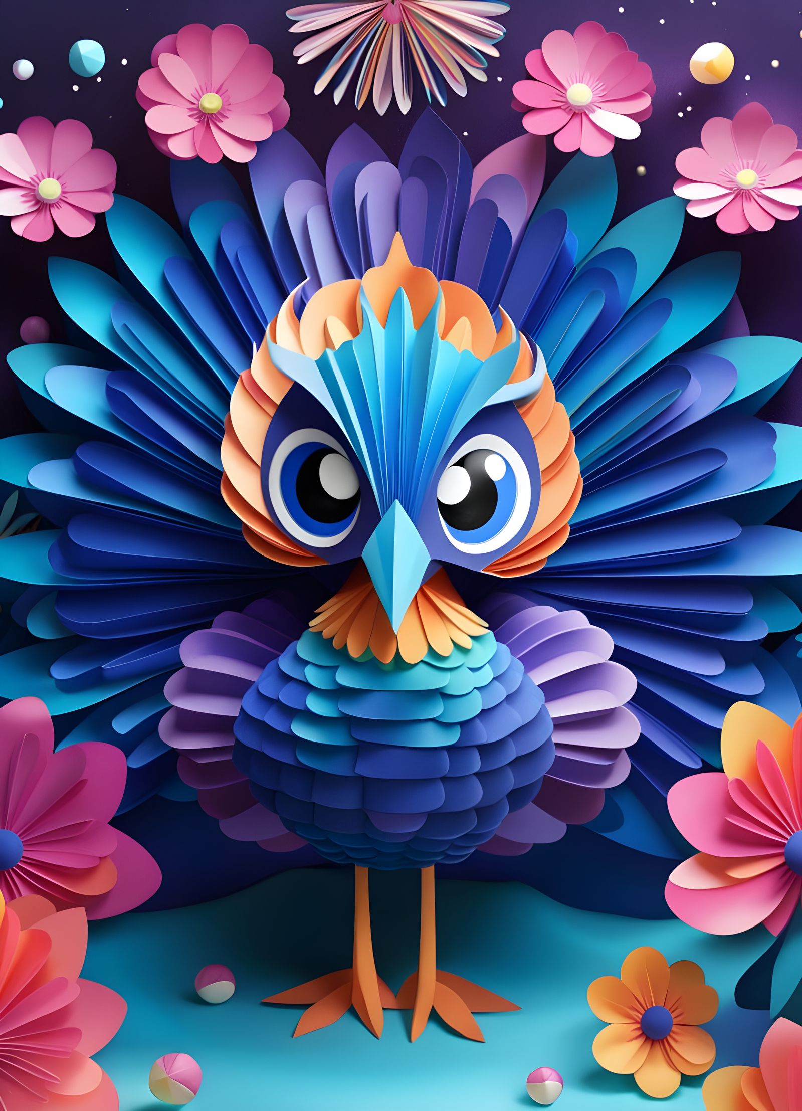 Vibrant Kawaii Peacock in Cosmic Origami Style
