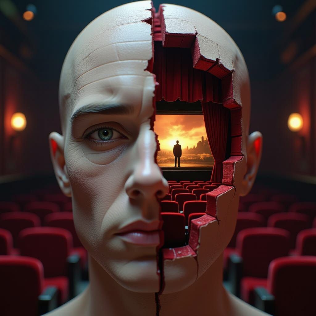Surreal Human Head Reveals Miniature Movie Theater