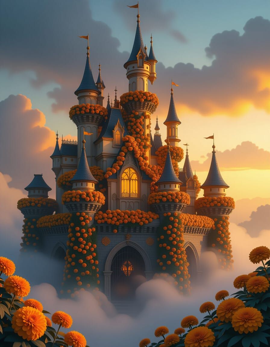 Golden Floral Castle at Twilight in Digital Painting Style